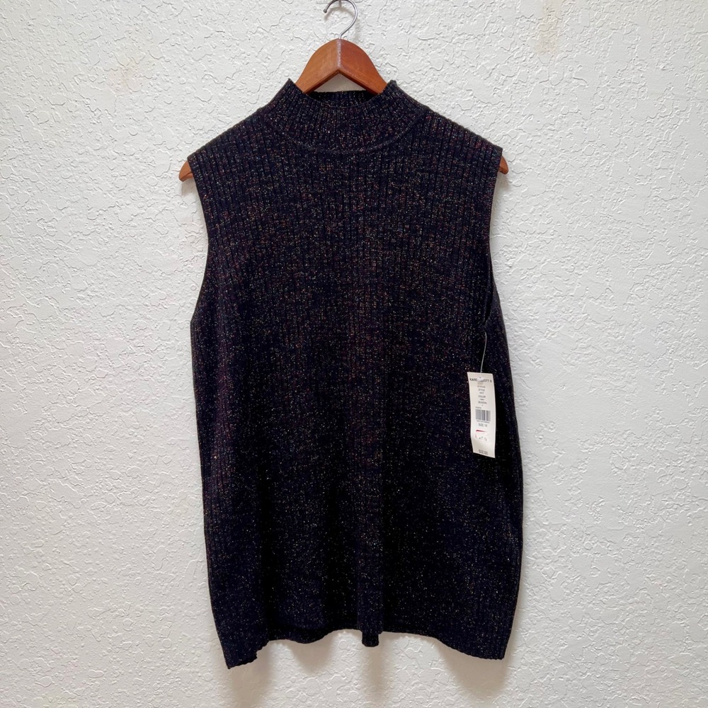 Karen Scott‎ Women 1X Black Metallic Confetti Ribbed Mock Neck Sweater Vest NEW